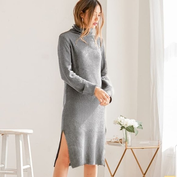 NWT Lulus Snuggled Up Light Grey Knit Turtleneck Midi Sweater Dress, XS - Picture 5 of 16